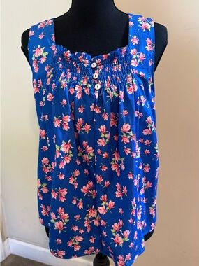 Draper James Blue Floral Smocked Square-Neck Camisole with Pink Blooms